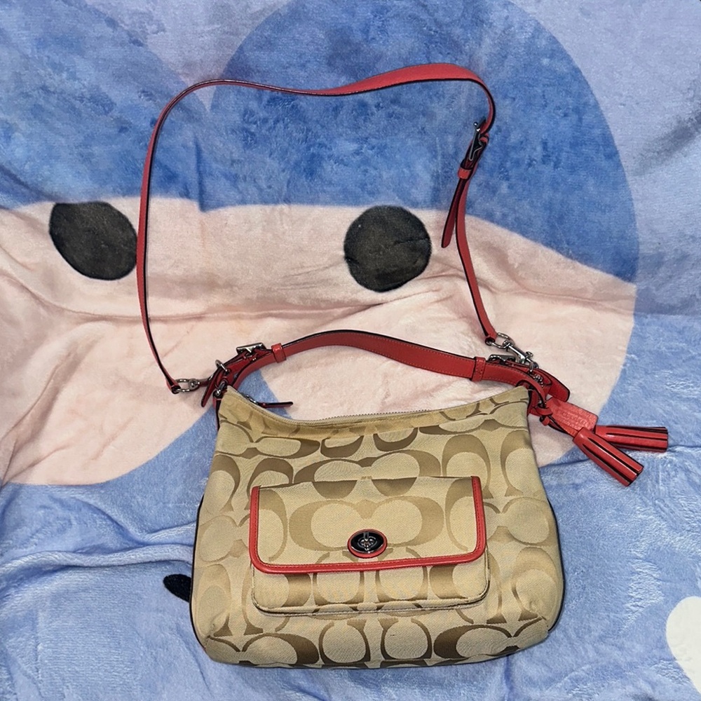 Coach Tan and cream signature canvas 2 way bag with Reddish orange leather
